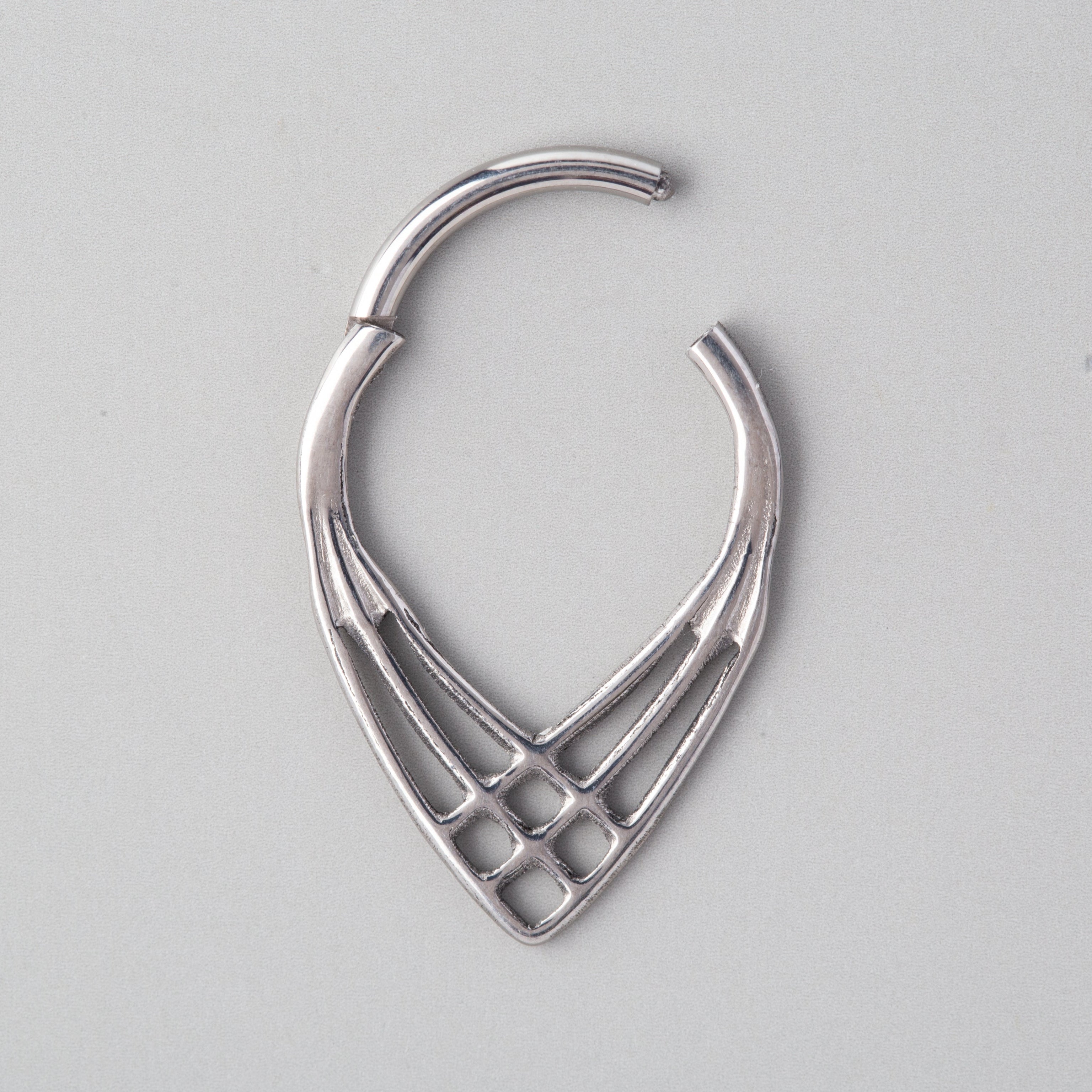 3 Lines Woven Web V Shape Segment Hoop in Silver - Titanium - Camden Body Jewellery