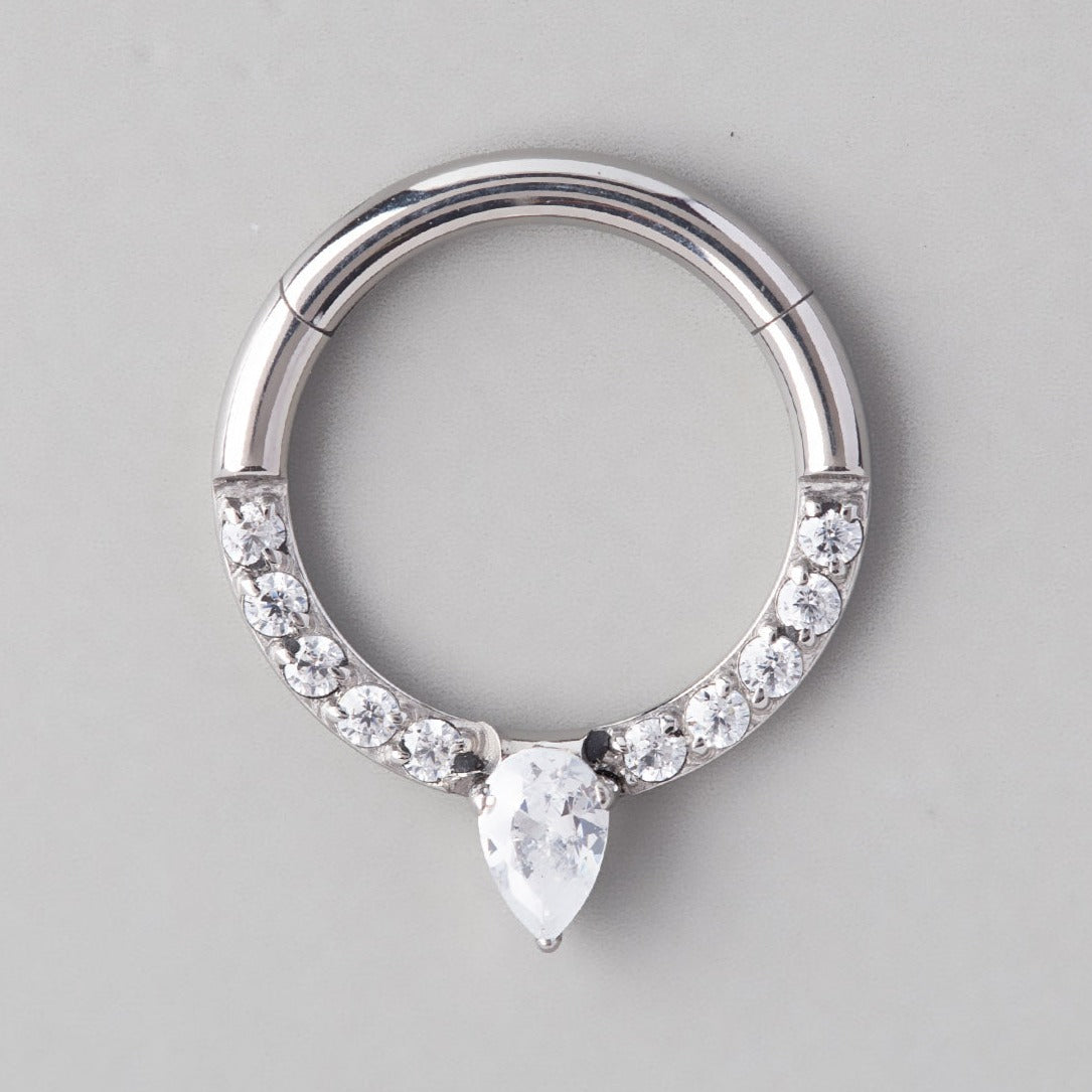 Front Face Pave Tear Drop CZ Centre Segment Hoop in Silver - Titanium - Camden Body Jewellery