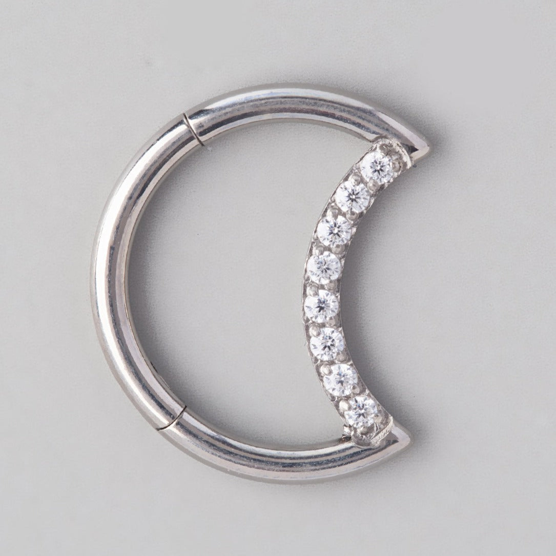 Hinged Segment Ring Crescent Shape CZ Face - Titanium - Camden Body Jewellery