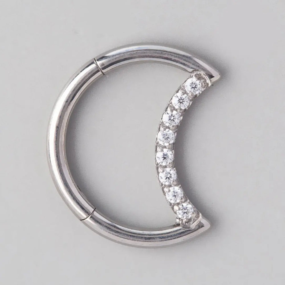 Hinged Segment Ring Crescent Shape CZ Face - Titanium