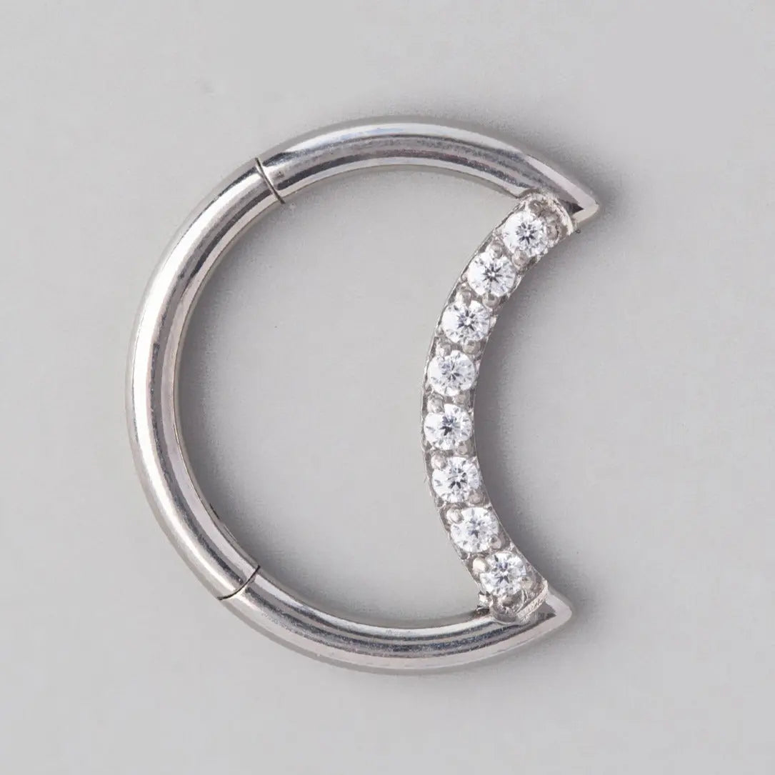 Hinged Segment Ring Crescent Shape CZ Face - Titanium - Camden Body Jewellery