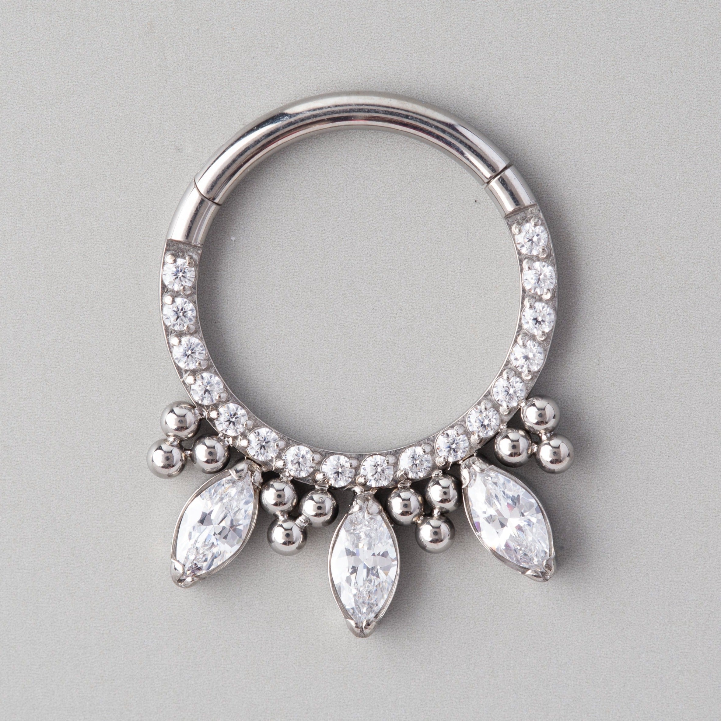 Triple Marquise CZ Bead Clusters Segment Hoop in Silver - Titanium - Camden Body Jewellery