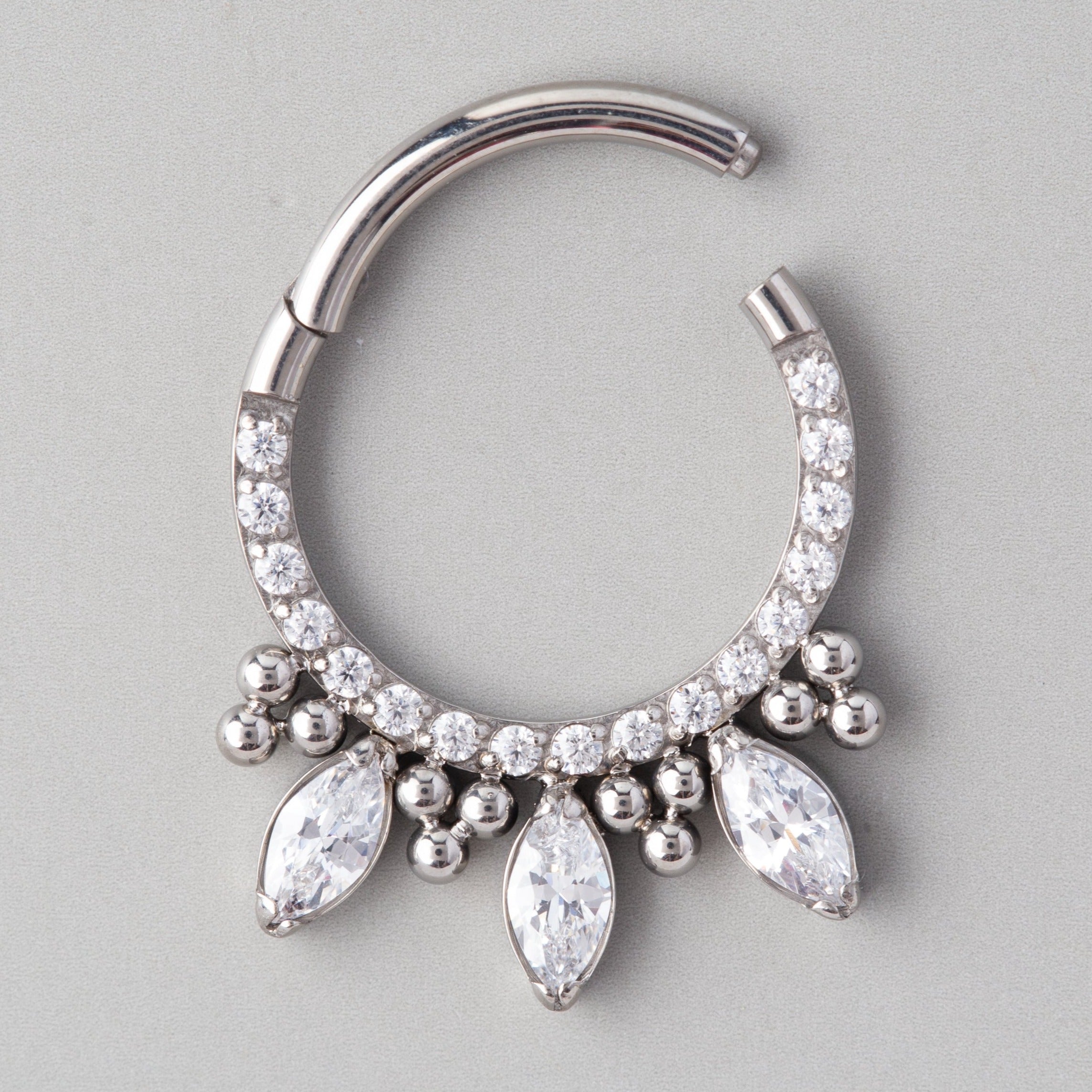 Triple Marquise CZ Bead Clusters Segment Hoop in Silver - Titanium - Camden Body Jewellery