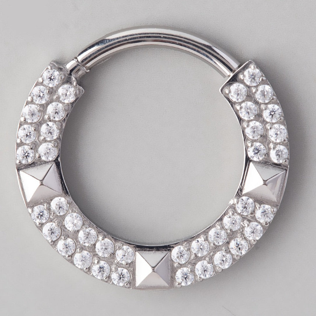 CZ Paved Face 3 Front Facing 3D Diamonds Segment Hoop in Silver - Titanium - Camden Body Jewellery