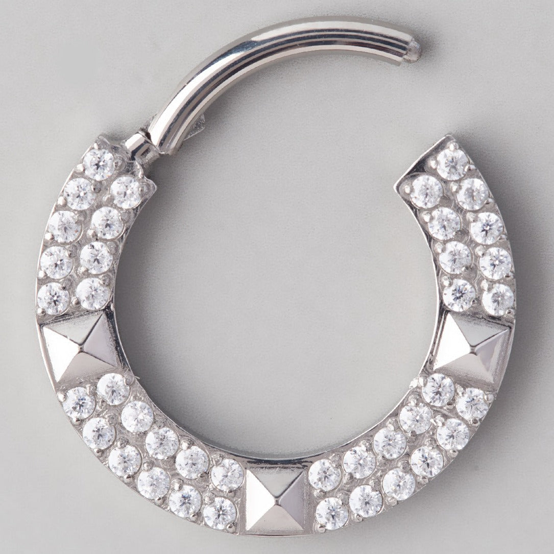 CZ Paved Face 3 Front Facing 3D Diamonds Segment Hoop in Silver - Titanium - Camden Body Jewellery