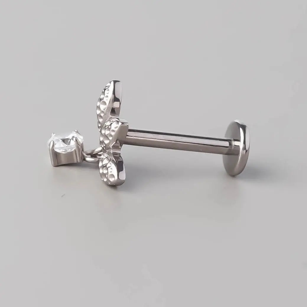 Bumped Cut 3 Leaves CZ Dangle Labret - Titanium - Camden Body Jewellery
