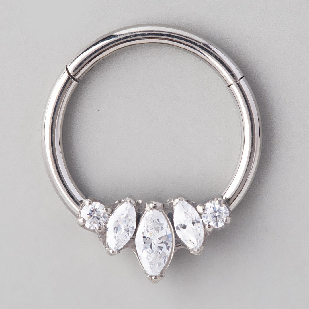 3 Prong Set Marquise 2 Round CZ Segment Hoop in Silver - Titanium - Camden Body Jewellery