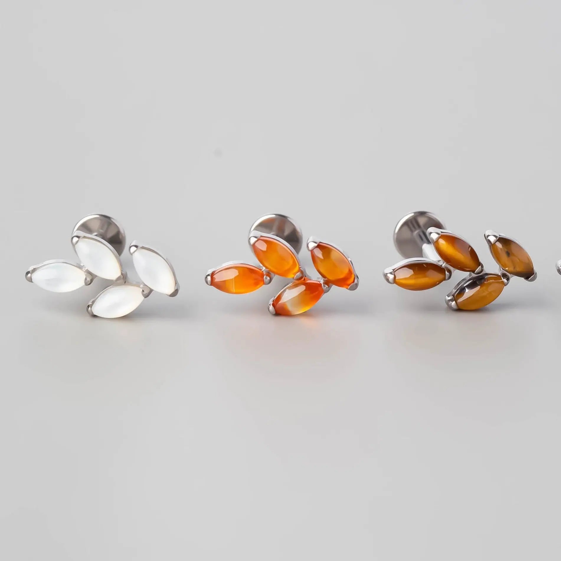 Quadruple Leaf Stone Labret in White Jade + Clear - Titanium - Camden Body Jewellery