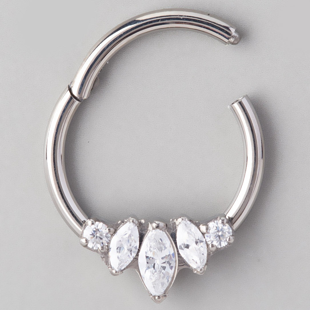 3 Prong Set Marquise 2 Round CZ Segment Hoop in Silver - Titanium - Camden Body Jewellery