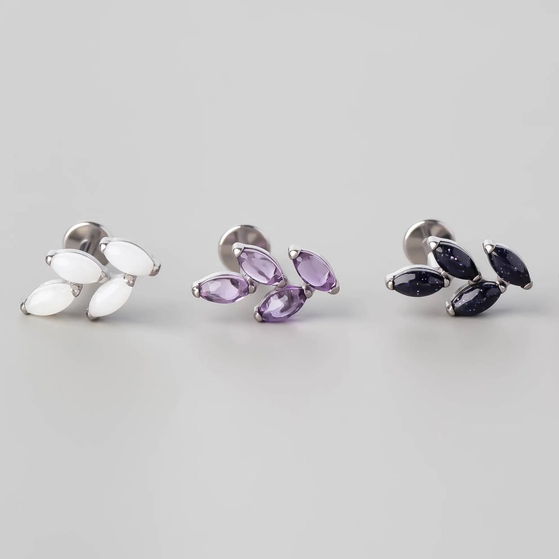 Quadruple Leaf Stone Labret in White Jade + Clear - Titanium - Camden Body Jewellery