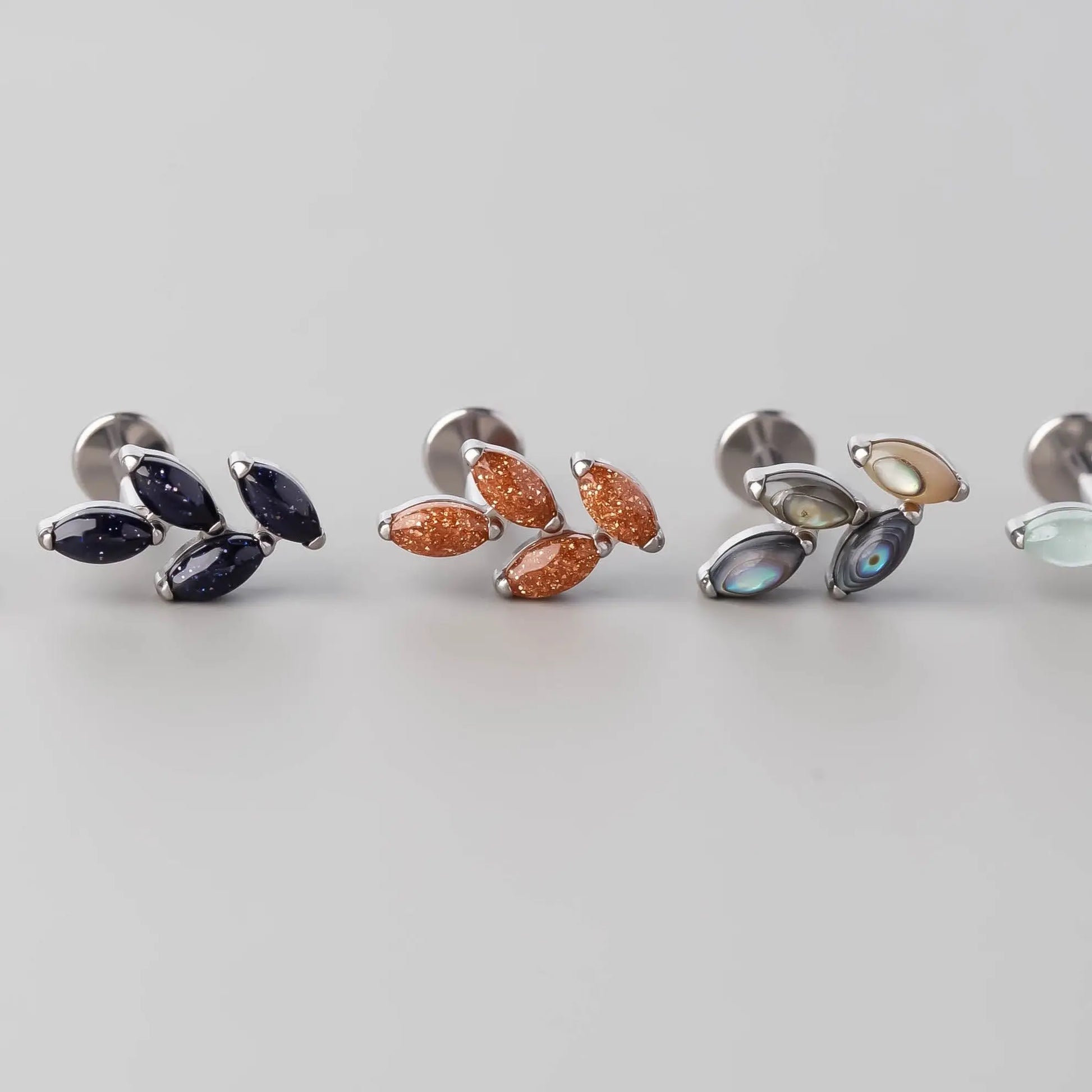 Quadruple Leaf Stone Labret in Abalone Shell - Titanium - Camden Body Jewellery