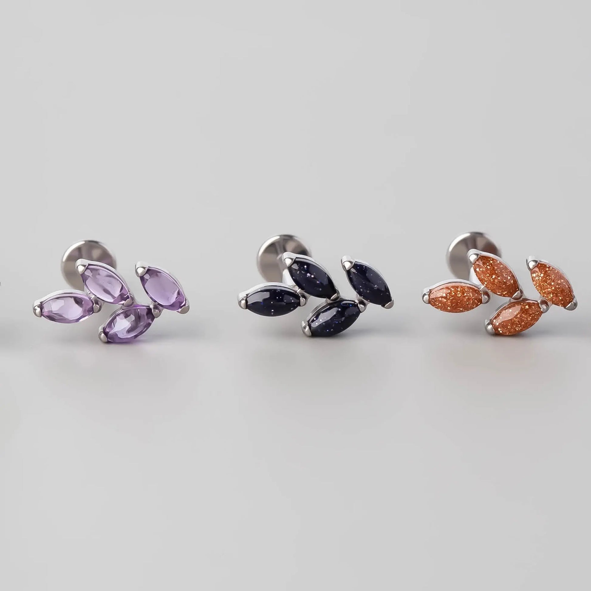 Quadruple Leaf Stone Labret in Amethyst - Titanium - Camden Body Jewellery