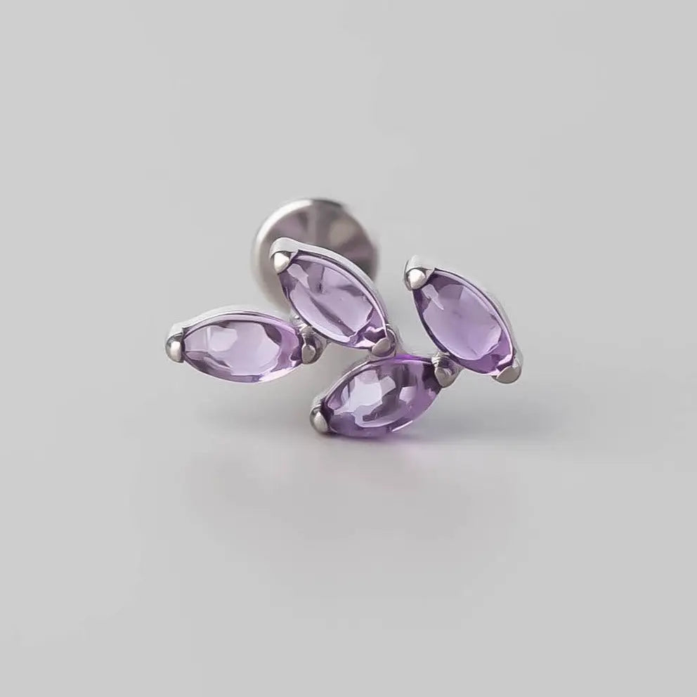 Quadruple Leaf Stone Labret in Amethyst - Titanium - Camden Body Jewellery