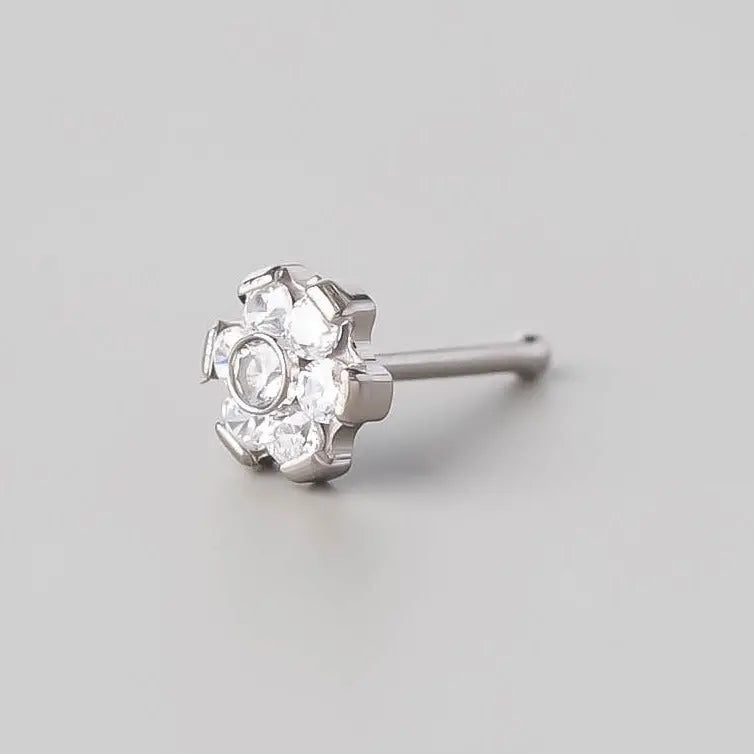 Straight Nose Stud Six Flower CZ - Titanium
