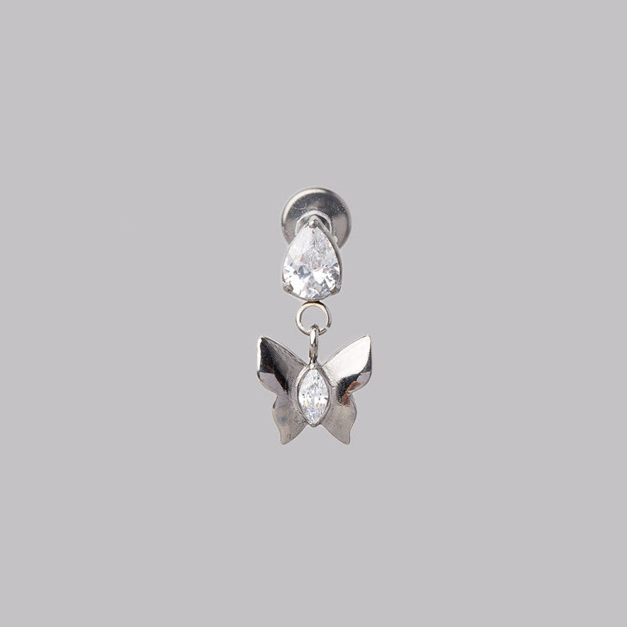 Butterfly Dangle with Clear CZ Labret in Silver - Titanium