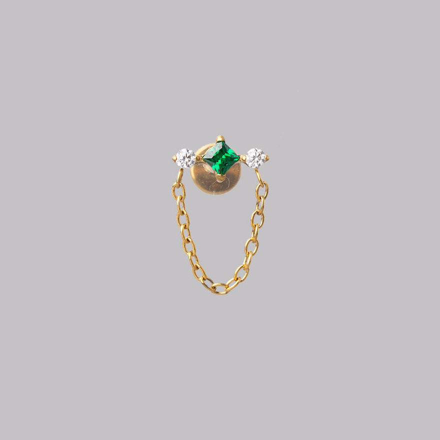Square Emerald Green Double Clear CZ Chain Dangle Labret in Gold - Titanium