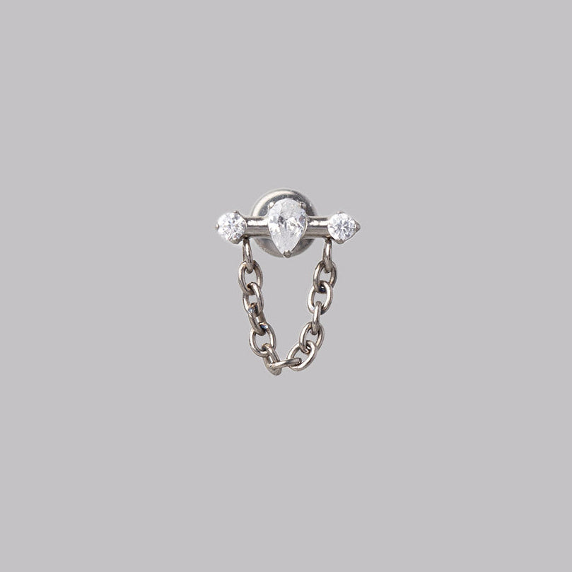 Oval and Double Clear CZ Chain Dangle Labret in Silver - Titanium - Camden Body Jewellery