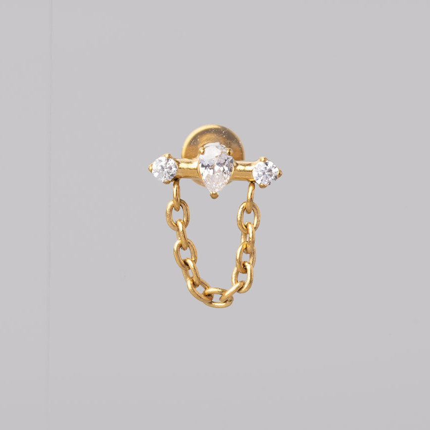 Oval and Double Clear CZ Chain Dangle Labret in Gold - Titanium