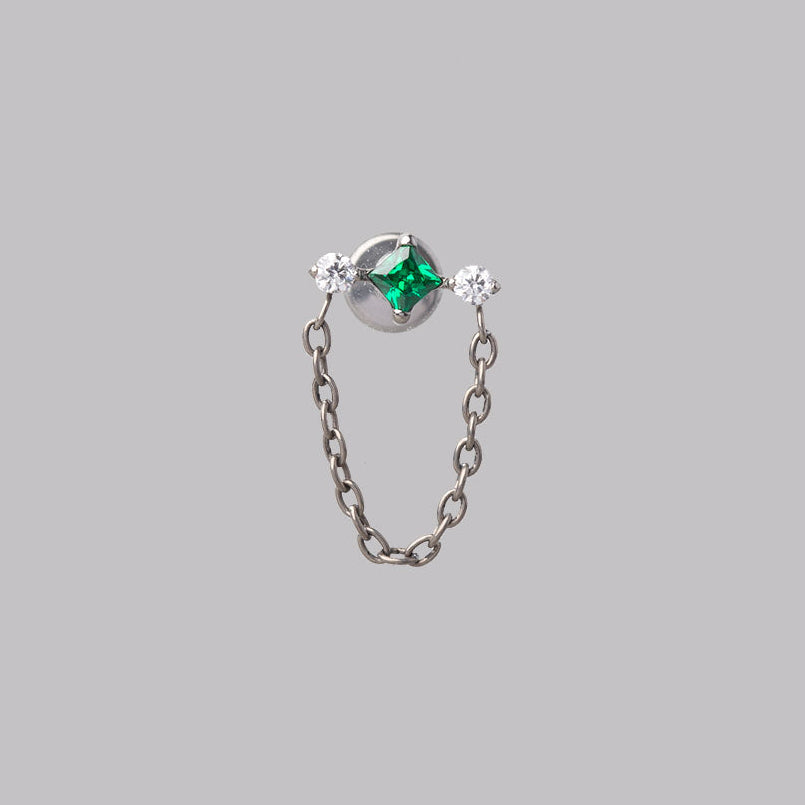 Square Emerald Green Double Clear CZ Chain Dangle Labret in Silver - Titanium