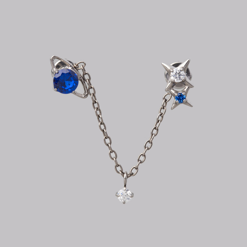 Blue CZ Chain Dangle Double Labret in Silver - Titanium