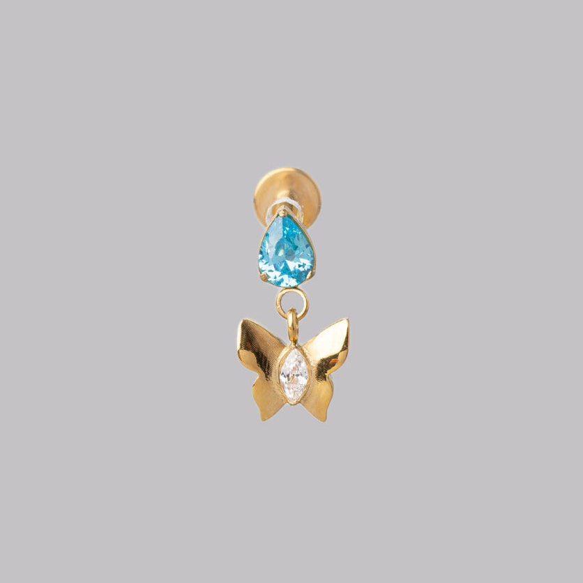 Butterfly Dangle with Aqua CZ Labret in Gold - Titanium