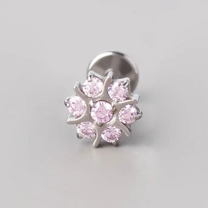 CZ Paved Flower Labret in Pink - Titanium
