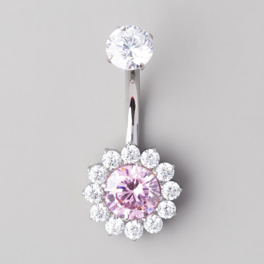 Flower Belly Bar with Pink CZ Top - Titanium - Camden Body Jewellery