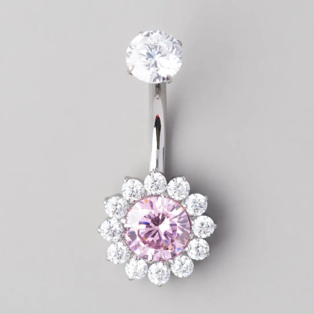 Flower Belly Bar with Pink CZ Top - Titanium