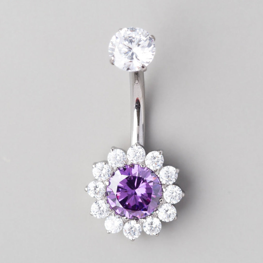 Flower Belly Bar with Purple CZ Top - Titanium - Camden Body Jewellery