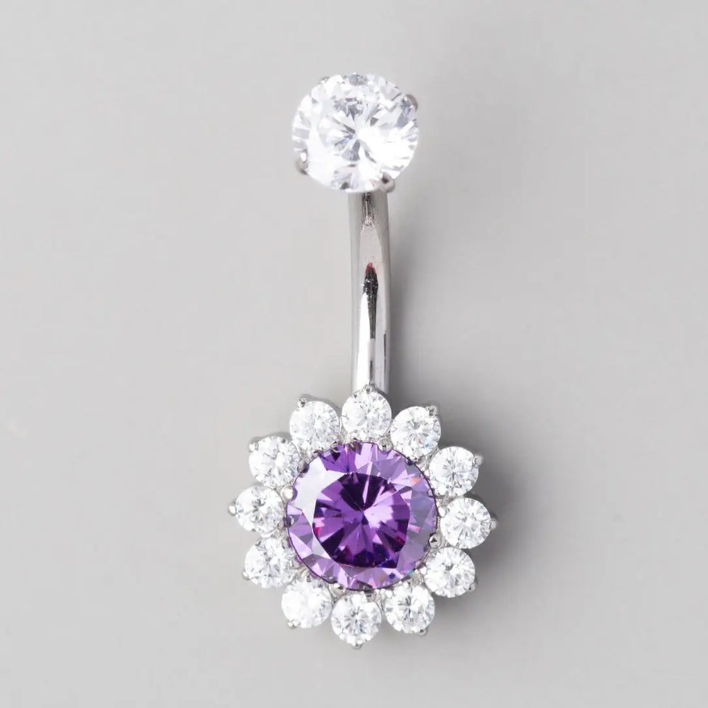 Flower Belly Bar with Purple CZ Top - Titanium