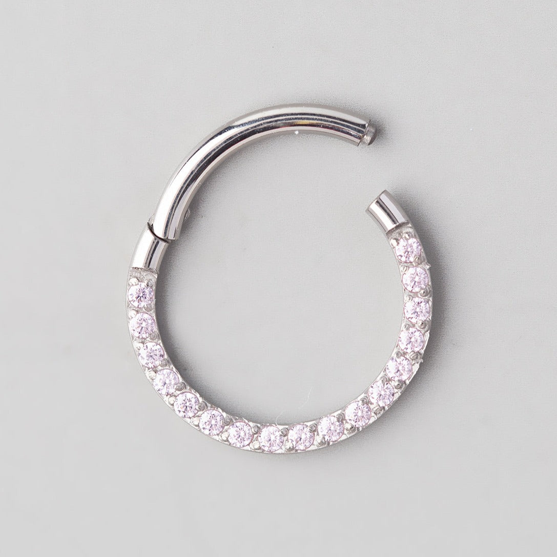 Hinged Segment Ring Front Face CZ in Pink - Titanium - Camden Body Jewellery