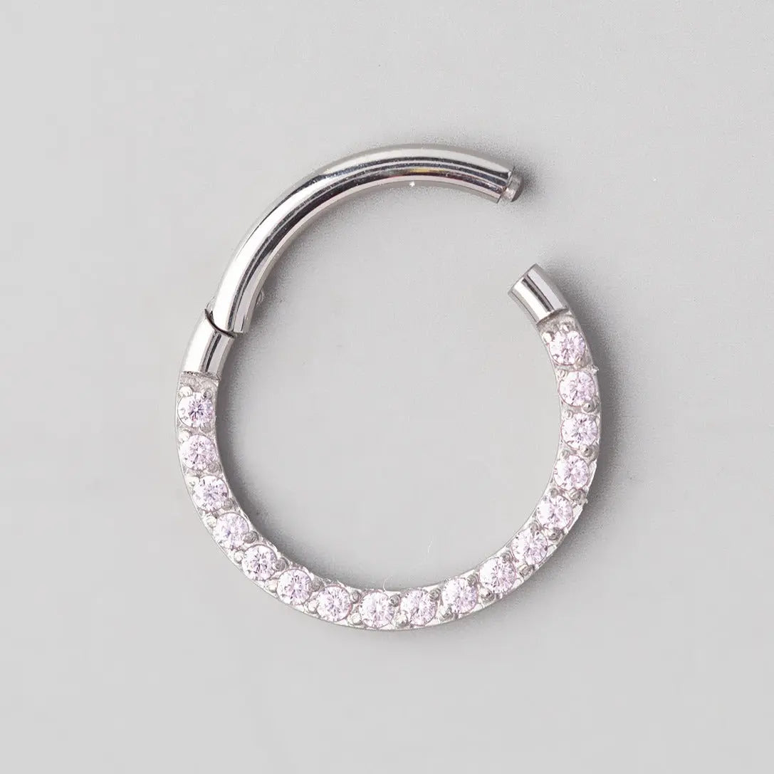 Hinged Segment Ring Front Face CZ in Pink - Titanium - Camden Body Jewellery