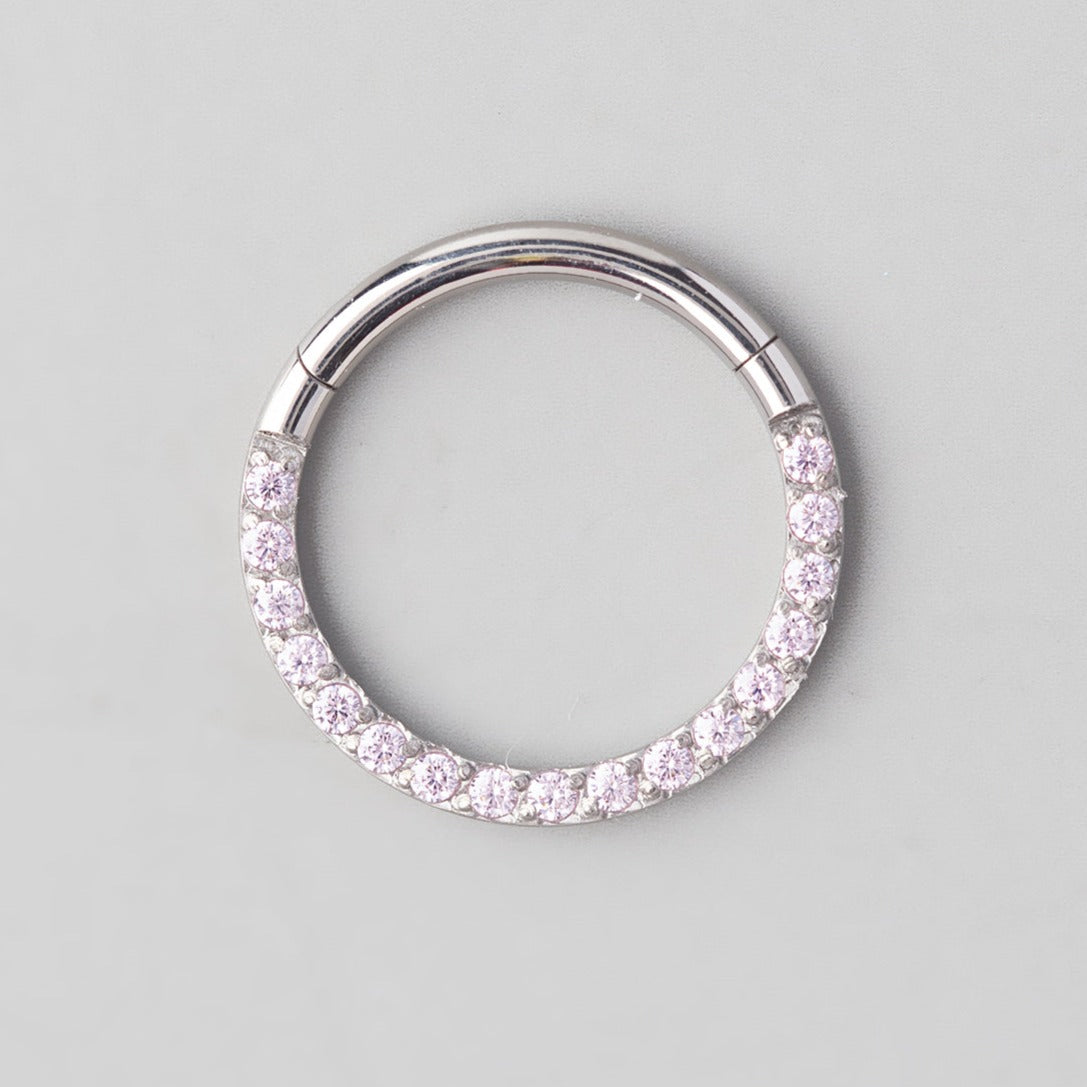 Hinged Segment Ring Front Face CZ in Pink - Titanium - Camden Body Jewellery
