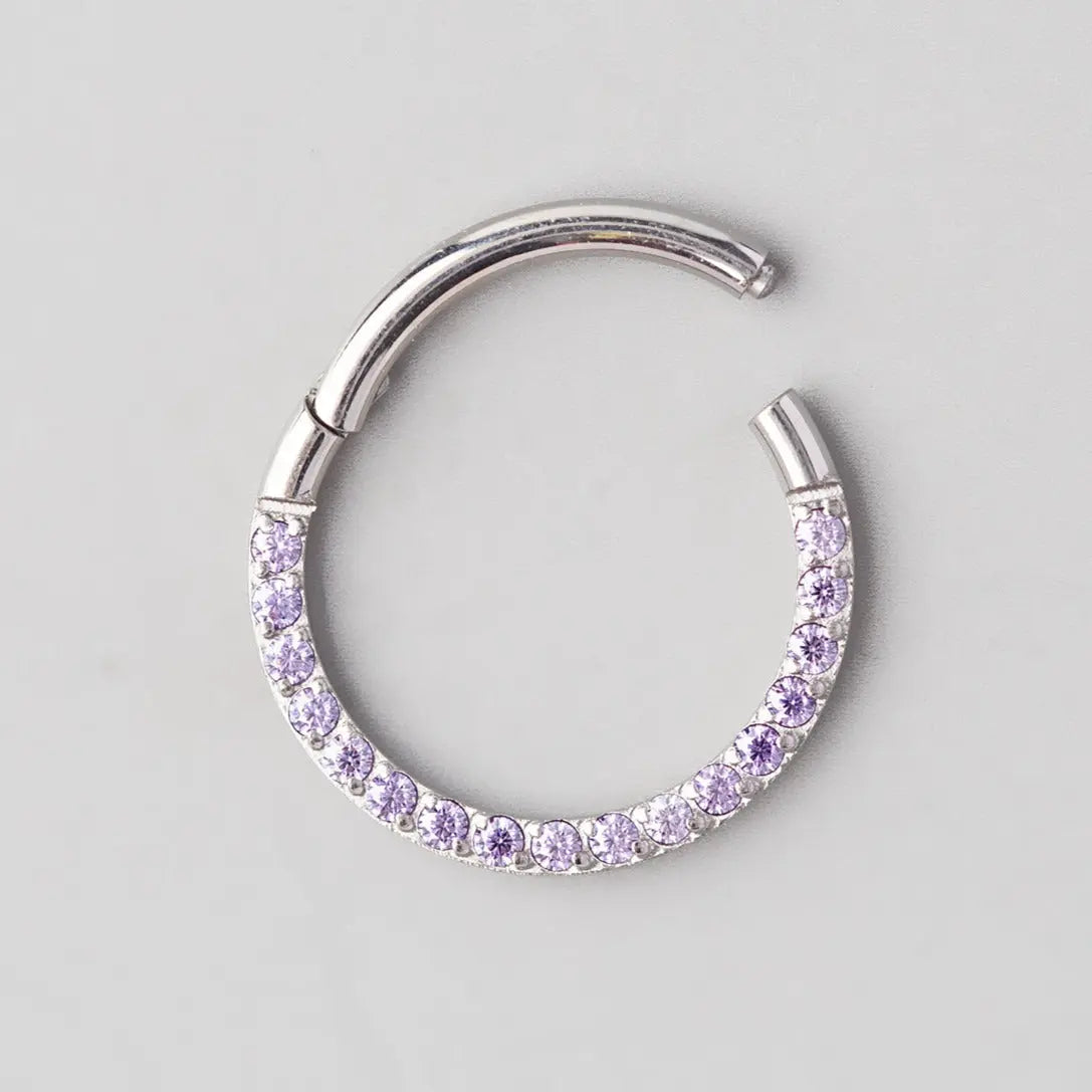 Hinged Segment Ring Front Face CZ in Purple - Titanium - Camden Body Jewellery