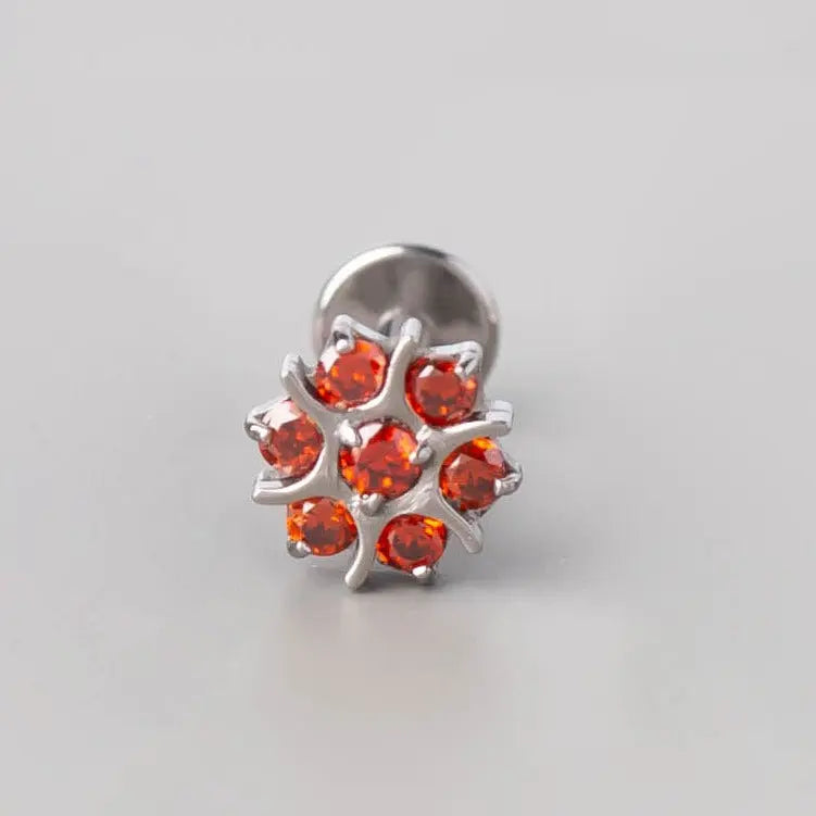 CZ Paved Flower Labret in Red - Titanium - Camden Body Jewellery