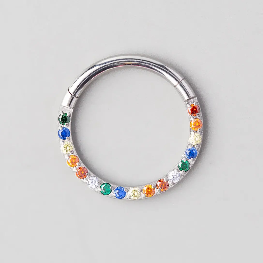 Hinged Segment Ring Front Face CZ in Rainbow - Titanium - Camden Body Jewellery