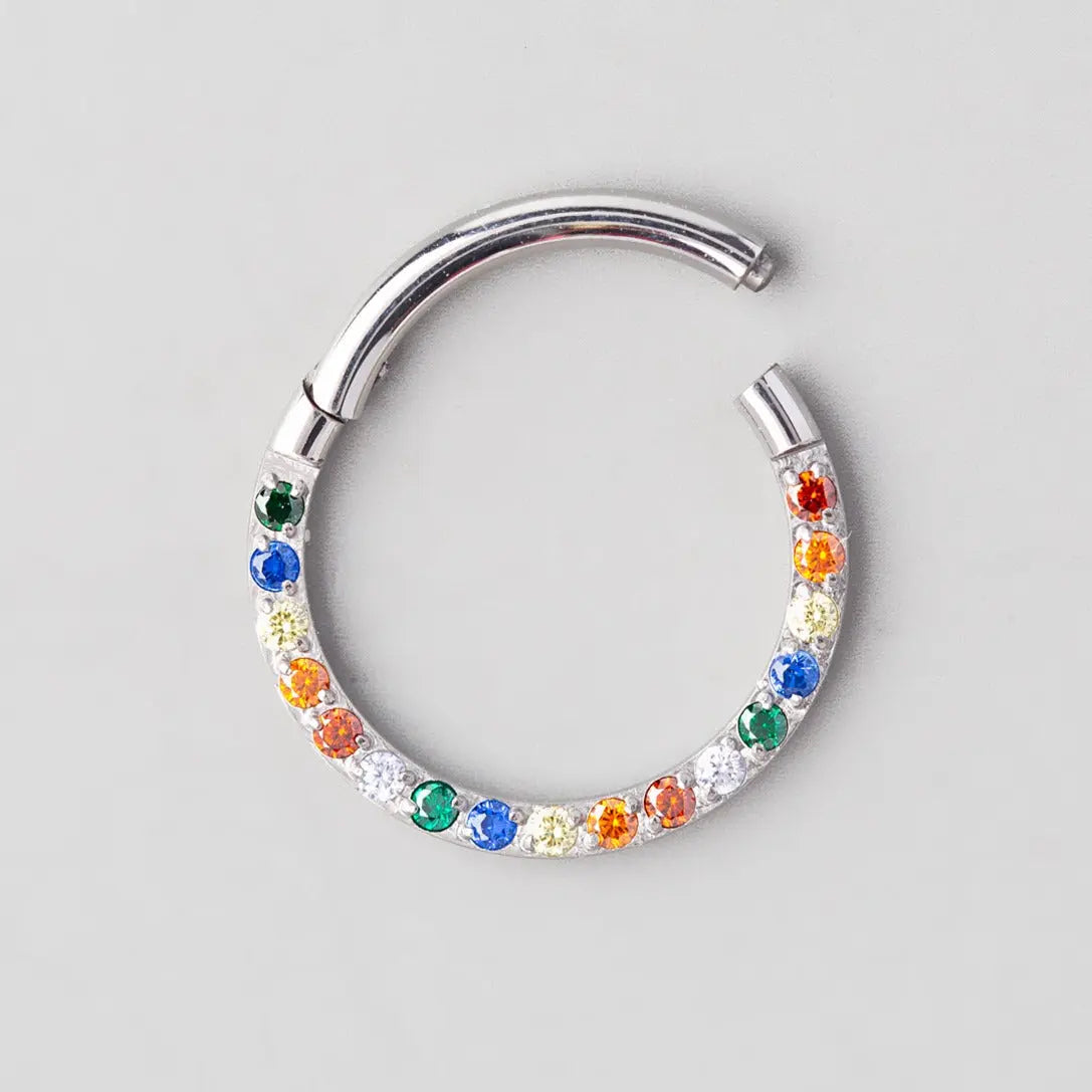 Hinged Segment Ring Front Face CZ in Rainbow - Titanium - Camden Body Jewellery