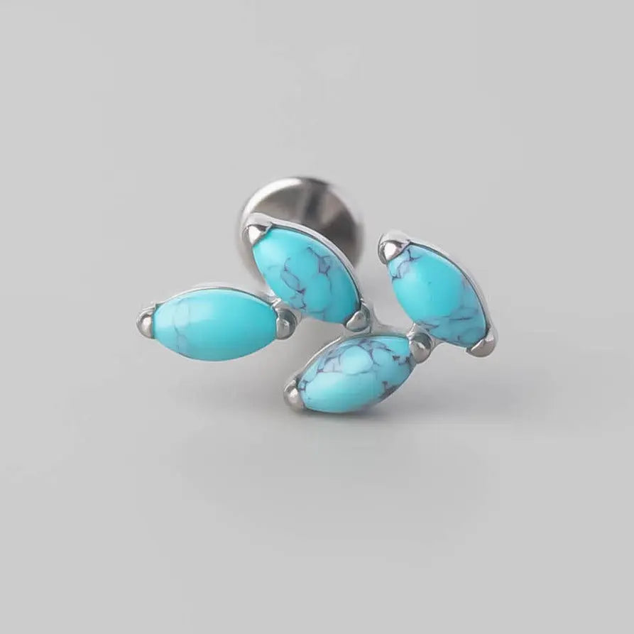 Quadruple Leaf Stone Labret in Turquoise - Titanium - Camden Body Jewellery