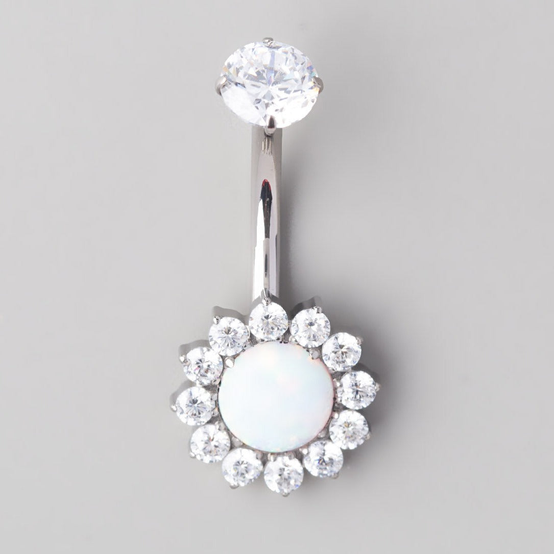 Flower Belly Bar with White Opal Stone Top - Titanium - Camden Body Jewellery