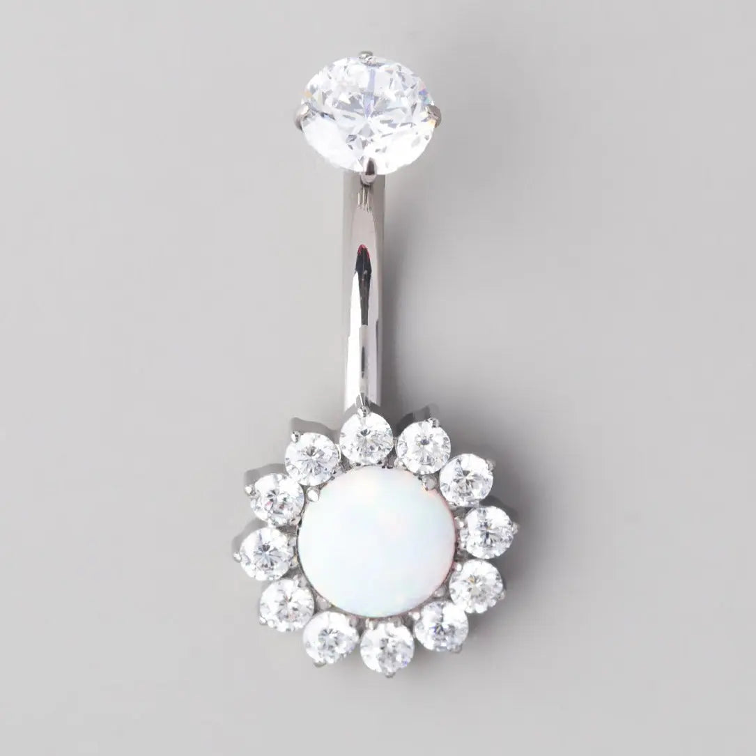 Flower Belly Bar with White Opal Stone Top - Titanium - Camden Body Jewellery