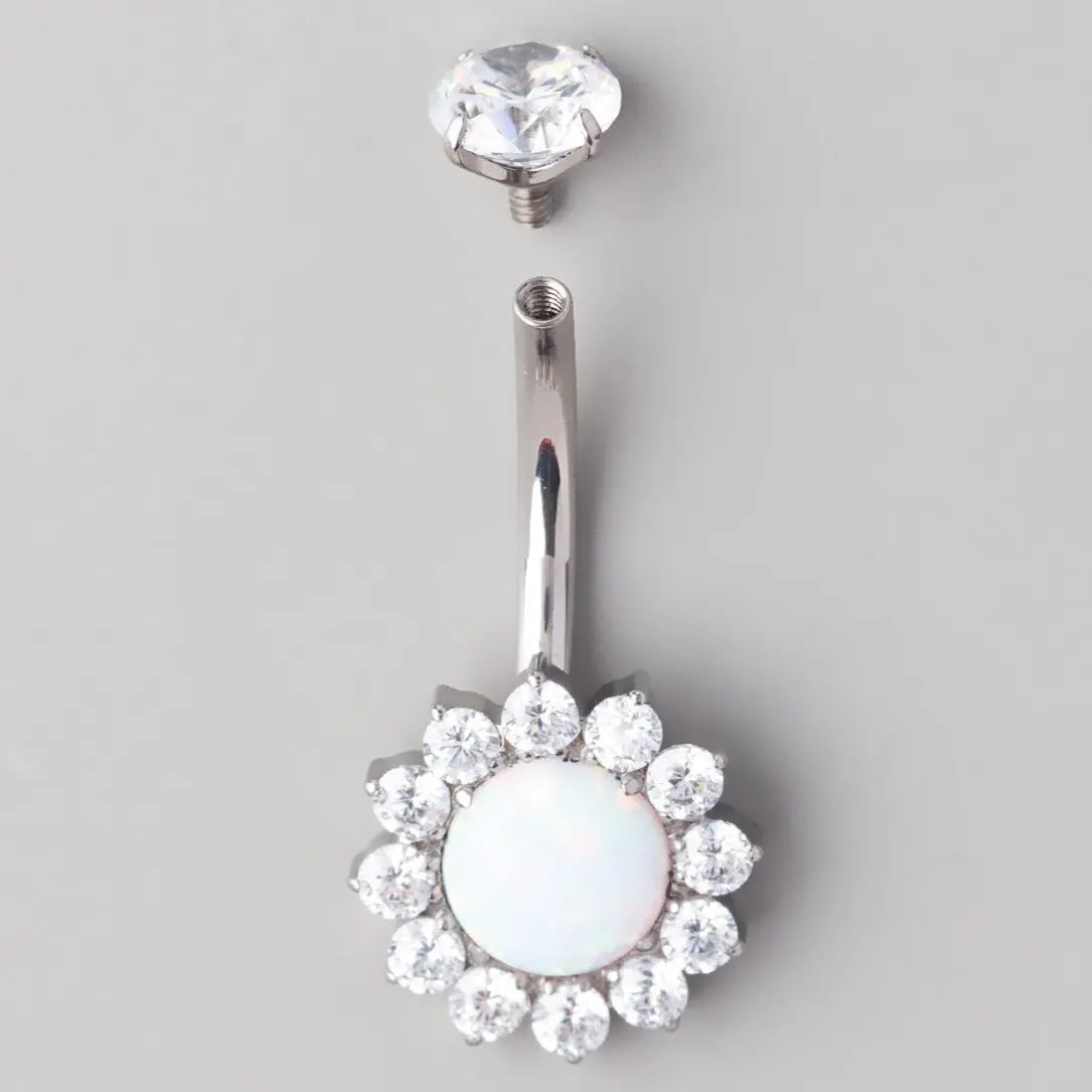 Flower Belly Bar with White Opal Stone Top - Titanium - Camden Body Jewellery