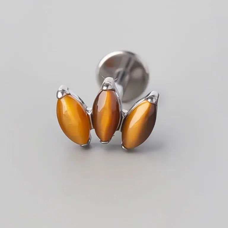 Triple Stone Labret in Yellow Tiger Eye - Titanium - Camden Body Jewellery