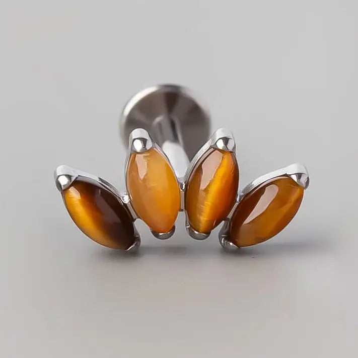 Quadruple Marquise Stone Labret in Yellow Tiger Eye - Titanium - Camden Body Jewellery