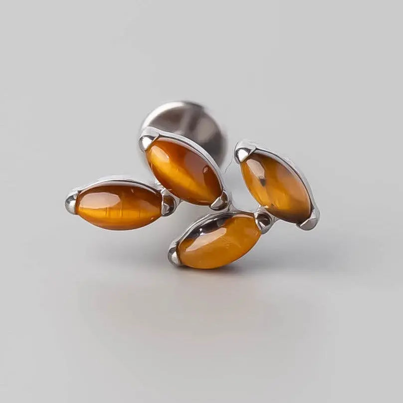 Quadruple Leaf Stone Labret in Yellow Tiger Eye - Titanium - Camden Body Jewellery