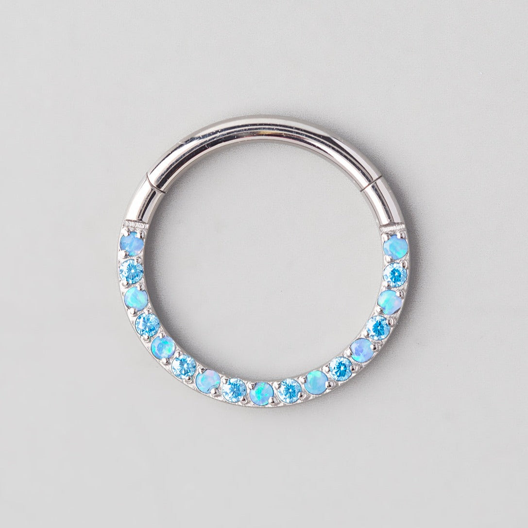 Hinged Segment Ring Front Face CZ in Aqua & Blue Opal - Titanium - Camden Body Jewellery