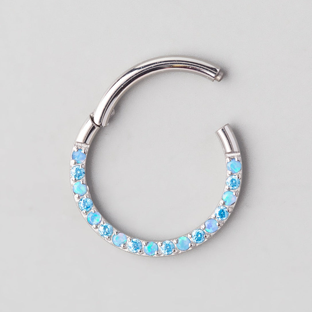 Hinged Segment Ring Front Face CZ in Aqua & Blue Opal - Titanium - Camden Body Jewellery