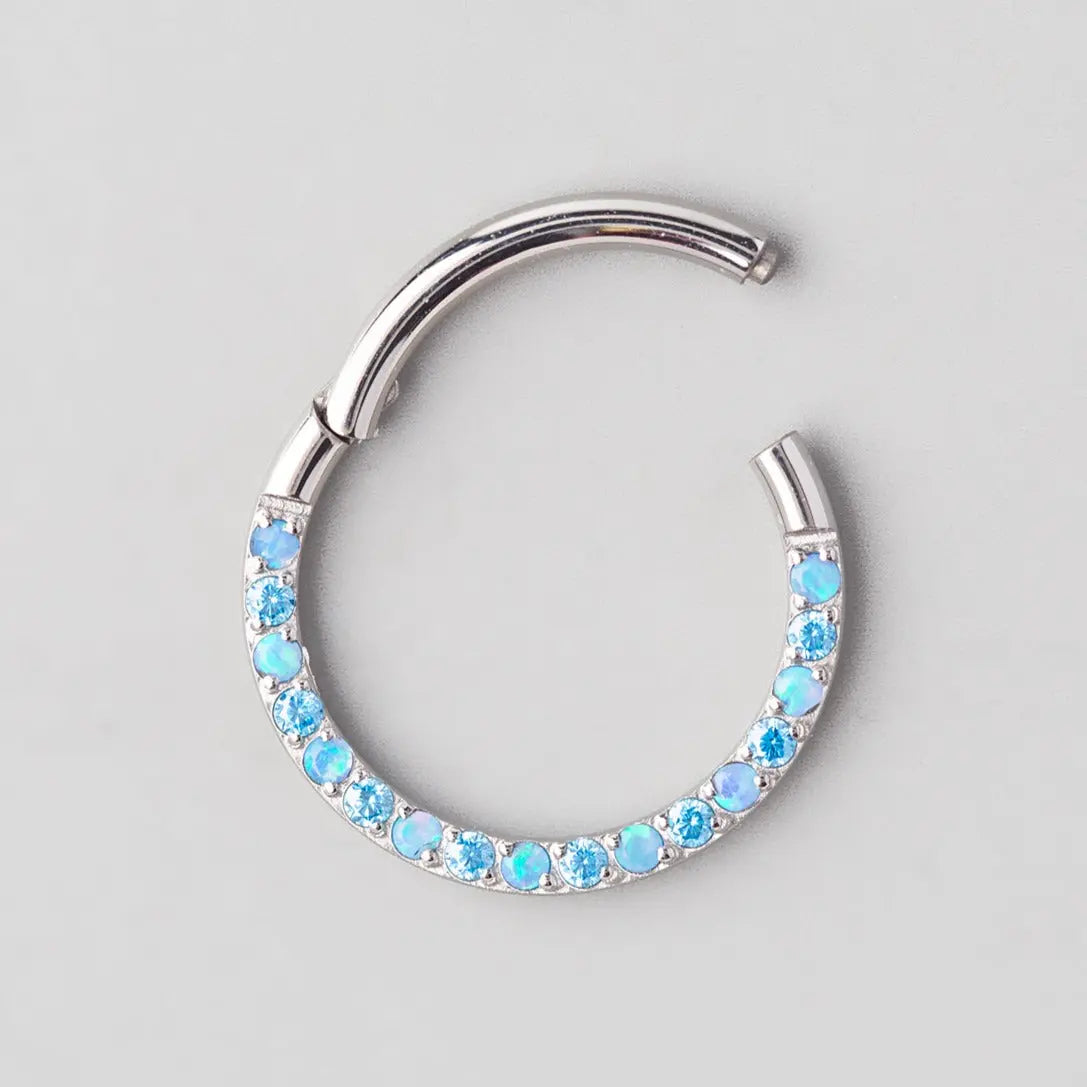 Hinged Segment Ring Front Face CZ in Aqua & Blue Opal - Titanium - Camden Body Jewellery