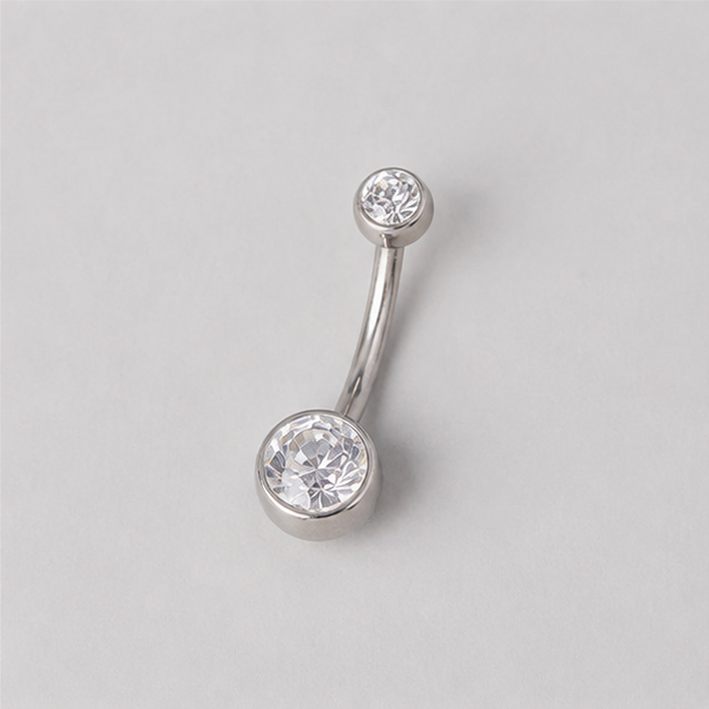 Double Bezel Set Clear CZ Crystal Belly Bar in Silver - Titanium - Camden Body Jewellery