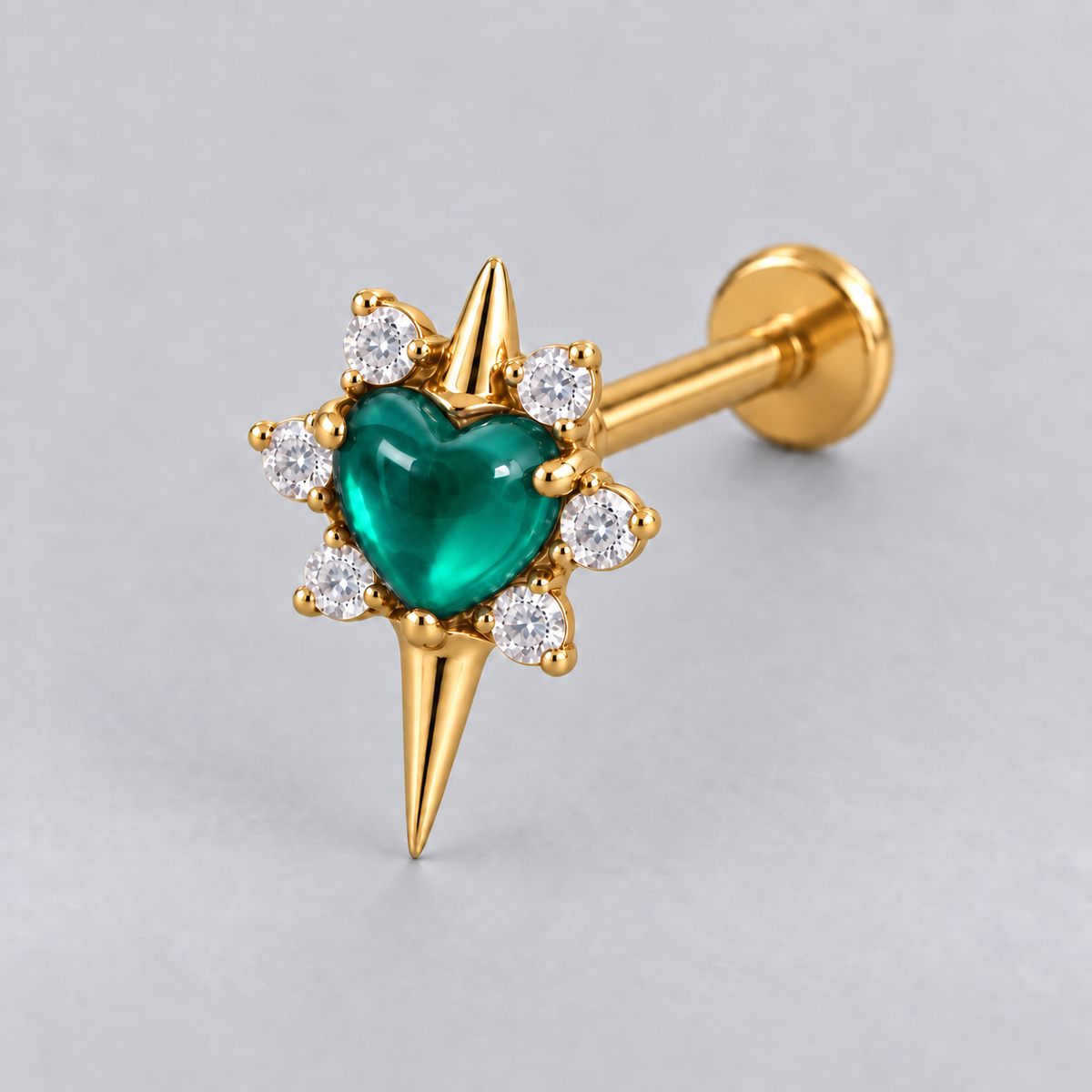 Star with Heart Centre Green Onyx Stone Labret in Gold - Titanium - Camden Body Jewellery