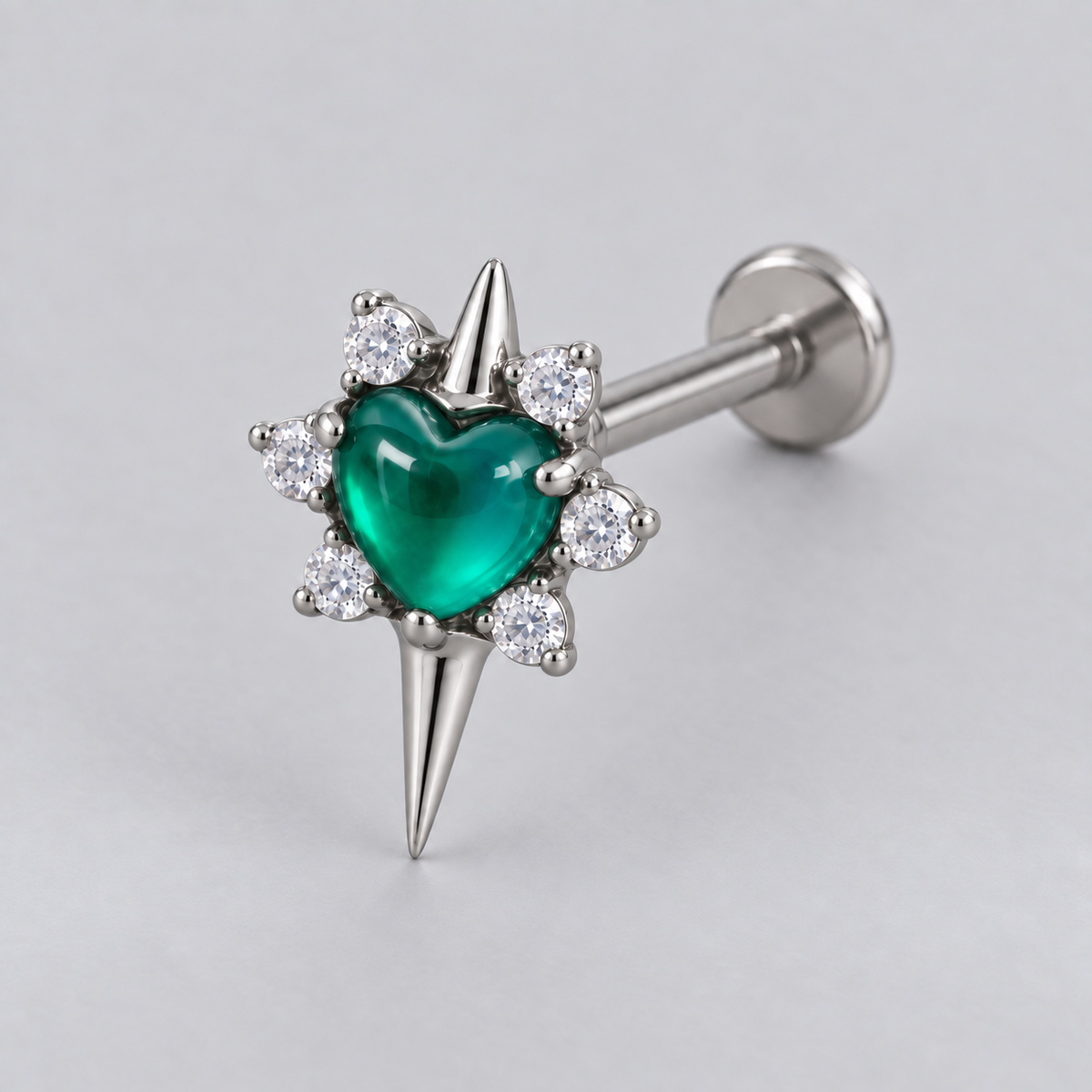 Star with Heart Centre Green Onyx Stone Labret in Silver - Titanium - Camden Body Jewellery
